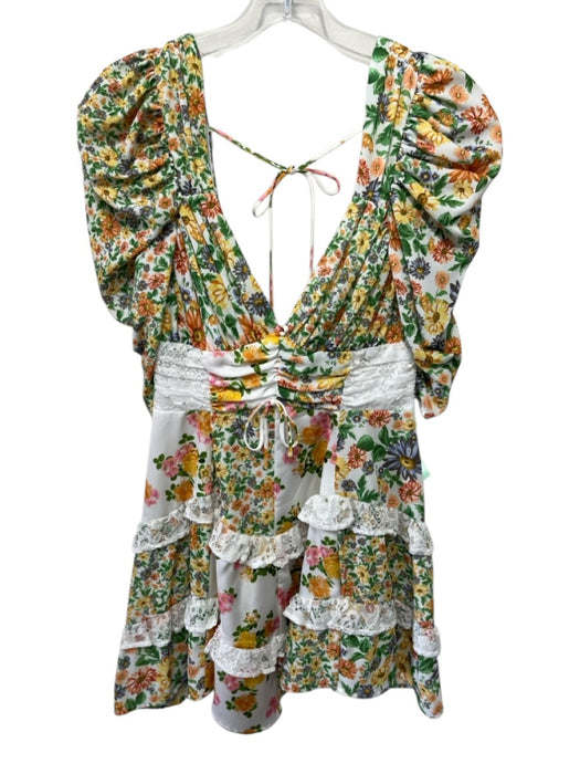 For Love & Lemons Size XS White, Green & Multi Polyester Zip Back Floral Dress White, Green & Multi / XS