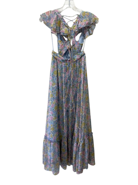 ASTR Size XS Blue & Multi Poly Blend Pleat Detail Lace Up Back Maxi Dress Blue & Multi / XS