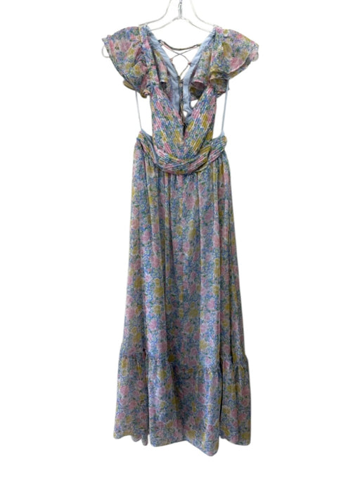 ASTR Size XS Blue & Multi Poly Blend Pleat Detail Lace Up Back Maxi Dress Blue & Multi / XS
