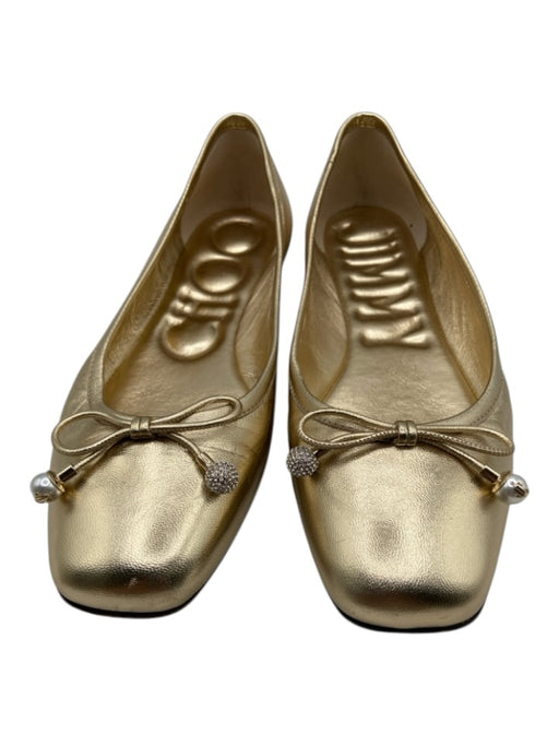 Jimmy Choo Shoe Size 36.5 Gold Leather Bow Square Round Toe Flats Gold / 36.5