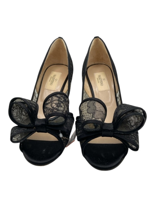 Valentino Shoe Size 36.5 Black Lace Bow Peep Toe Mid Heel Pumps Black / 36.5