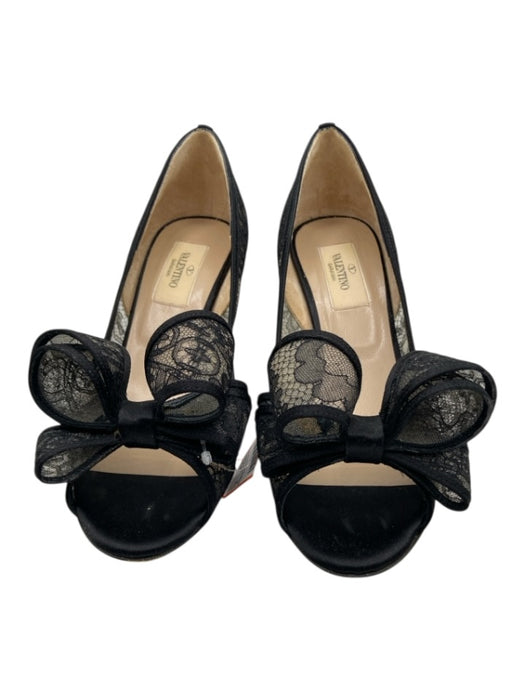 Valentino Shoe Size 36.5 Black Lace Bow Peep Toe Mid Heel Pumps Black / 36.5