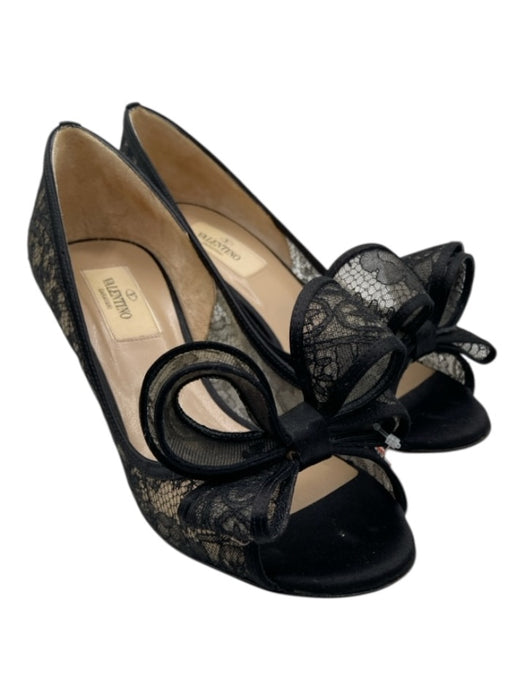 Valentino Shoe Size 36.5 Black Lace Bow Peep Toe Mid Heel Pumps Black / 36.5
