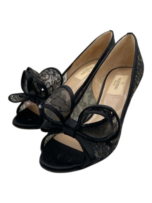 Valentino Shoe Size 36.5 Black Lace Bow Peep Toe Mid Heel Pumps Black / 36.5