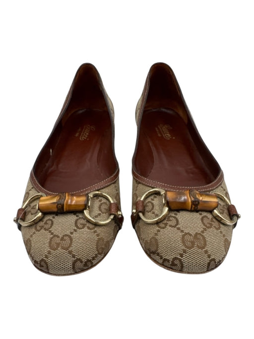 Gucci Shoe Size 8 Brown & Tan Canvas & Leather Bamboo Horsebit Guccissima Flats Brown & Tan / 8