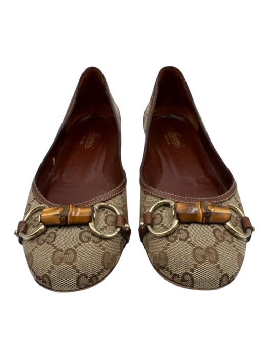 Gucci Shoe Size 8 Brown & Tan Canvas & Leather Bamboo Horsebit Guccissima Flats Brown & Tan / 8