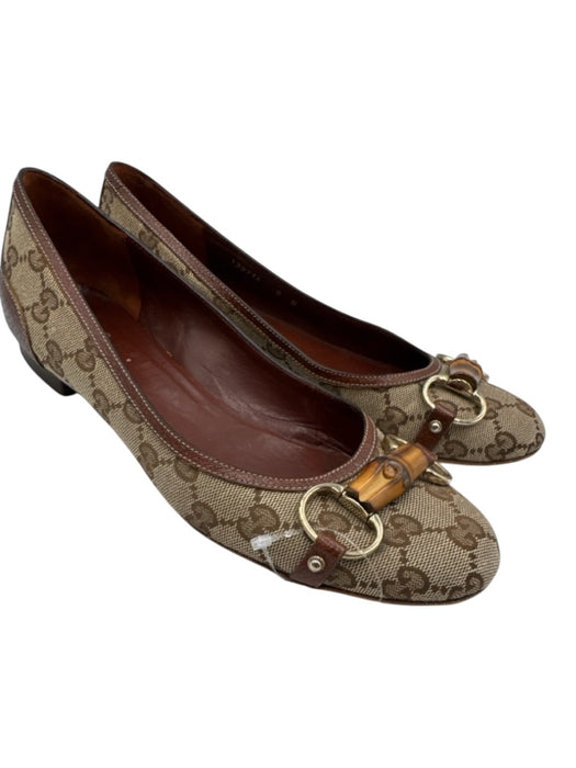 Gucci Shoe Size 8 Brown & Tan Canvas & Leather Bamboo Horsebit Guccissima Flats Brown & Tan / 8