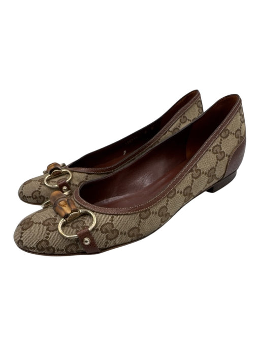 Gucci Shoe Size 8 Brown & Tan Canvas & Leather Bamboo Horsebit Guccissima Flats Brown & Tan / 8
