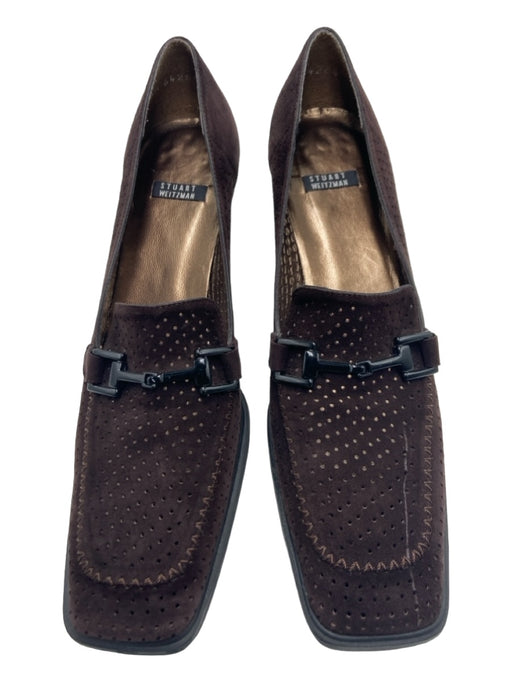 Stuart Weitzman Shoe Size 7.5 Dark Brown Suede Perforated Square Toe Loafers Dark Brown / 7.5