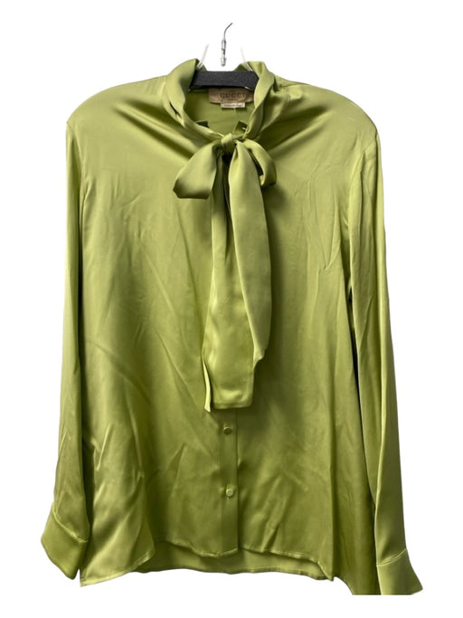 Gucci Size 42 Apple Green Silk Collared Button Up Tie Neck Long Sleeve Top Apple Green / 42