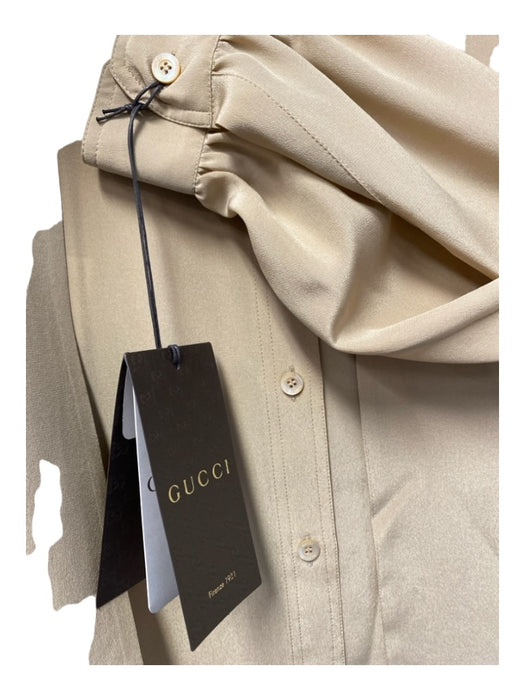 Gucci Size 42 Beige Silk Collared Button Up Tie Neck Long Sleeve Top Beige / 42