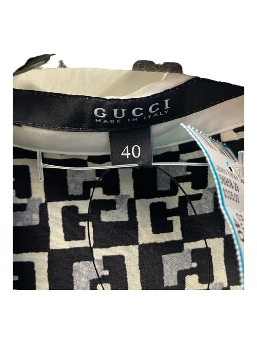 Gucci Size 40 Black & White Silk Button Up Collared Long Sleeve Geometric Top Black & White / 40