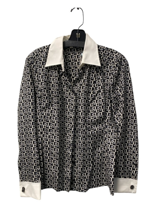 Gucci Size 40 Black & White Silk Button Up Collared Long Sleeve Geometric Top Black & White / 40