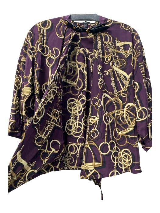 Gucci Size 40 Eggplant & Gold Silk 3/4 Sleeve All Over Print Wrap Top Eggplant & Gold / 40