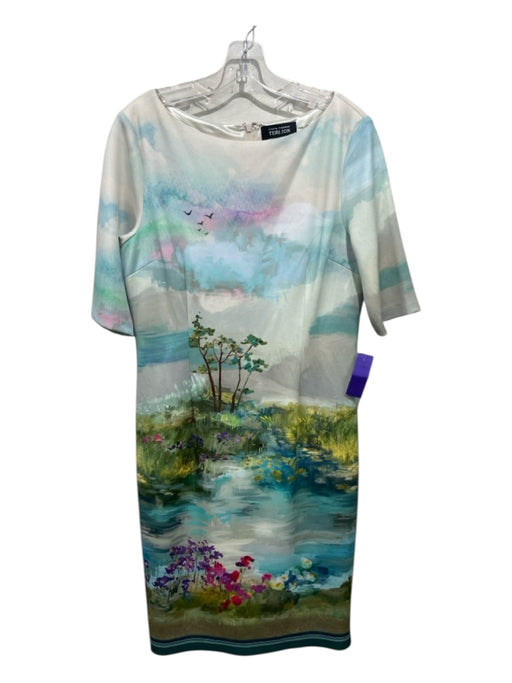 Teri Jon Size 12 Blue, Cream, Green Polyester Blend Short Sleeve Wide Leg Dress Blue, Cream, Green / 12