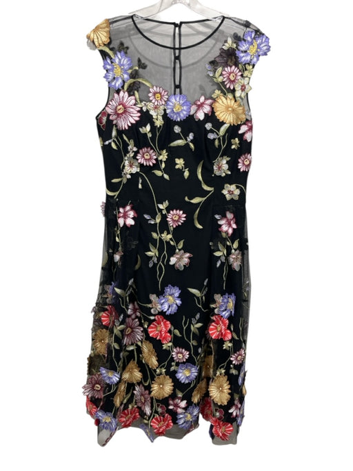 Teri Jon Size 10 Black, Green, Multi Mesh Overlay Floral Embroidery Midi Gown Black, Green, Multi / 10