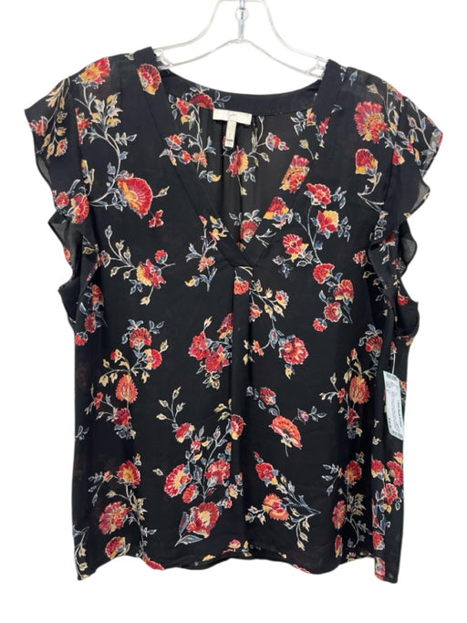 Joie Size L Black, Red & Blue Silk Floral Ruffle Cap Sleeve V Neck Top Black, Red & Blue / L