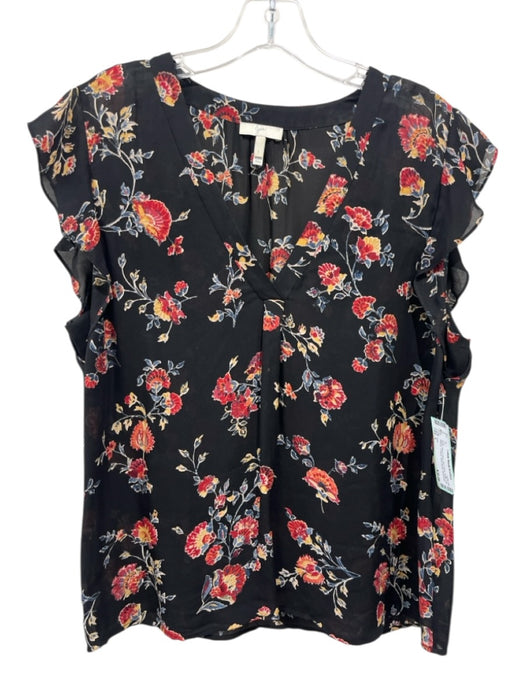 Joie Size L Black, Red & Blue Silk Floral Ruffle Cap Sleeve V Neck Top Black, Red & Blue / L