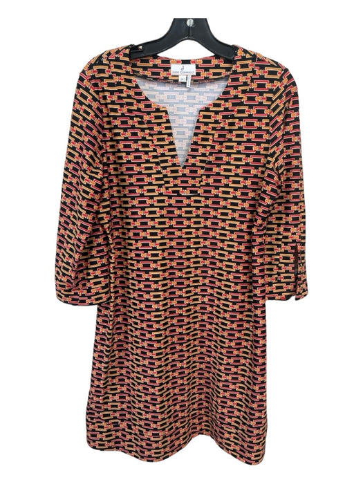 Jude Connally Size L Black Red Orange Nylon Blend Chain Print 3/4 Sleeve Dress Black Red Orange / L