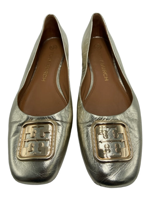 Tory Burch Shoe Size 10.5 Gold Leather Square Toe Logo Metallic Flats Gold / 10.5