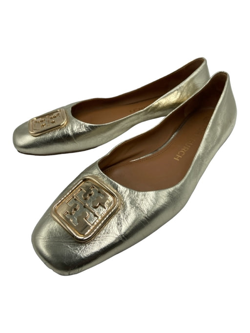 Tory Burch Shoe Size 10.5 Gold Leather Square Toe Logo Metallic Flats Gold / 10.5