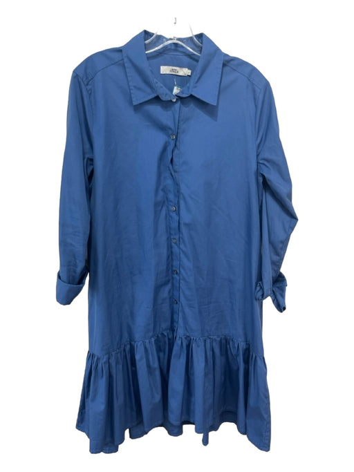 0039 Italy Size L Slate Blue Cotton Collared Button Up Long Sleeve Dress Slate Blue / L