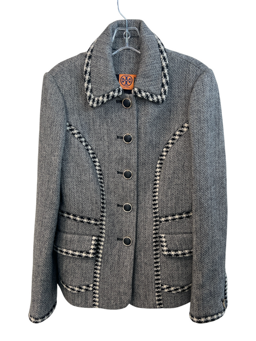 Tory Burch Size 10 White & Black Rayon Blend 5 Button Pockets Houndstooth Jacket White & Black / 10