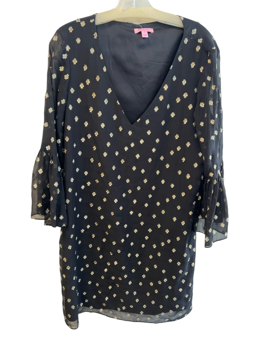 Lilly Pulitzer Size 12 Black Silk Blend 3/4 Sleeve Gold Accent Pattern Dress Black / 12