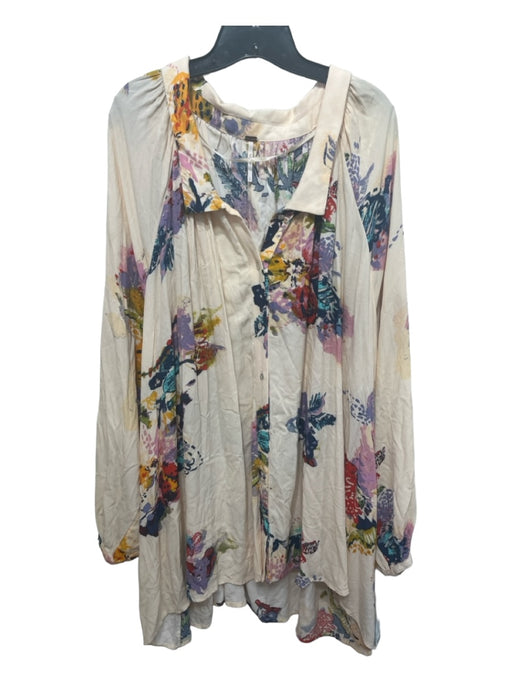 Free People Size S Beige & Multi Rayon Abstract Floral Collared Button Up Top Beige & Multi / S