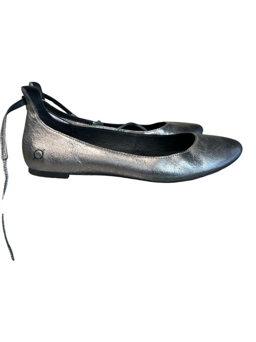 Born Shoe Size 9 Silver Leather Round Pointed Toe Slip On Flat Ankle tie Shoes Silver / 9