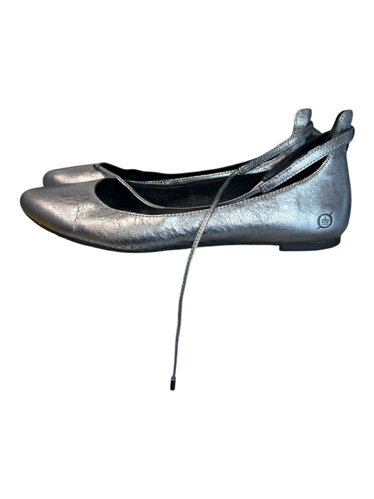 Born Shoe Size 9 Silver Leather Round Pointed Toe Slip On Flat Ankle tie Shoes Silver / 9