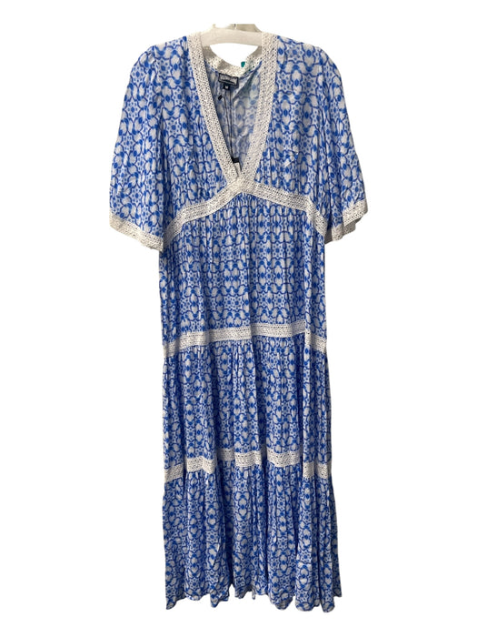 Vilebrequin Size M White & Blue Viscose V Neck Short Sleeve Lace Detail Dress White & Blue / M