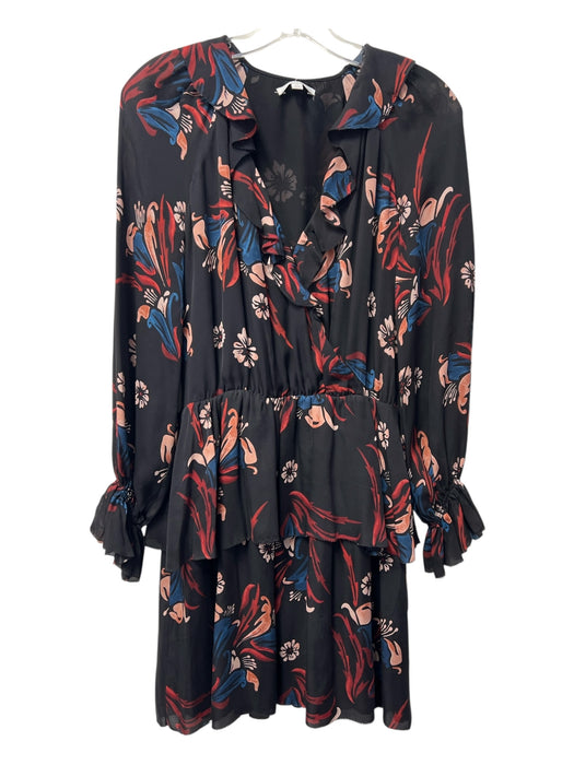 Joie Size XS Black & Multi Silk Ruffle V Neck Long Sleeve Faux Wrap Dress Black & Multi / XS
