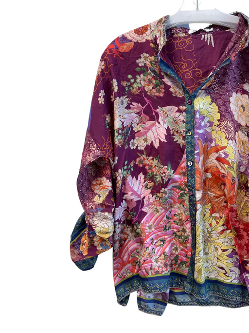 Johnny Was Size XS Purple & Multi Silk V Neck Button Down Long Sleeve Floral Top Purple & Multi / XS