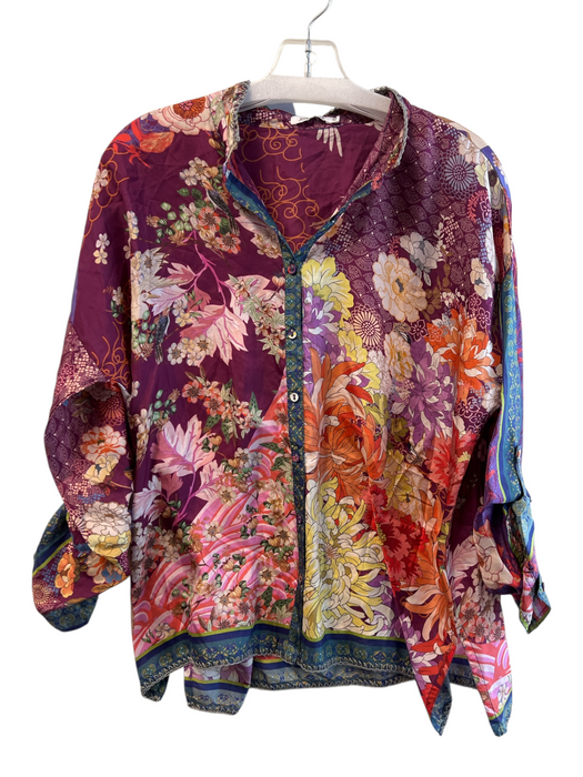 Johnny Was Size XS Purple & Multi Silk V Neck Button Down Long Sleeve Floral Top Purple & Multi / XS