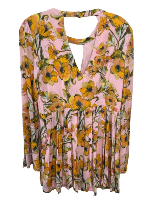 Free People Size 6 Pink & Orange Rayon Long Flare Sleeve Floral Mini Dress Pink & Orange / 6