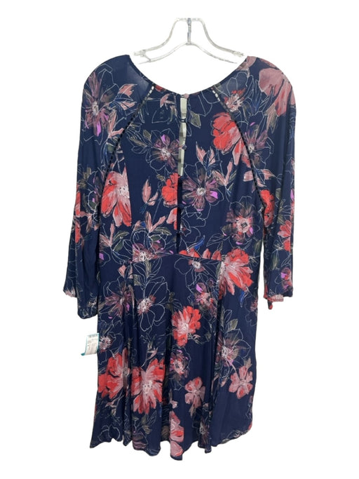 Free People Size 6 Navy & Pink Rayon 3/4 Sleeve Floral V Neck Pockets Dress Navy & Pink / 6