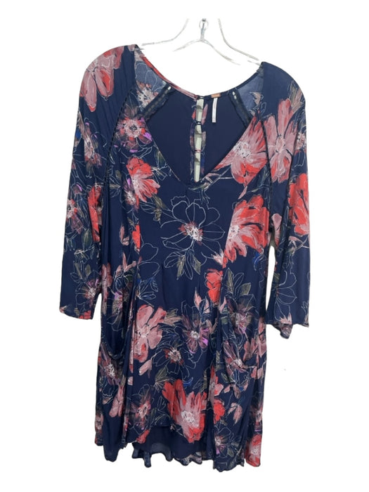 Free People Size 6 Navy & Pink Rayon 3/4 Sleeve Floral V Neck Pockets Dress Navy & Pink / 6