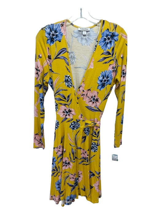 Yumi Kim Size Small Yellow & Blue Rayon Long Sleeve Floral Knee Length Dress Yellow & Blue / Small