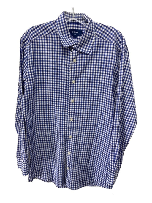 Eton Size L Blue & White Linen Blend Gingham Button Down Men's Long Sleeve Shirt L