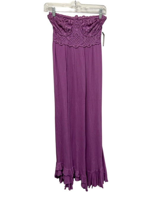 FP One Size Est XS Purple Viscose Blend Strapless Floral Lace Shirred Back Dress Purple / Est XS