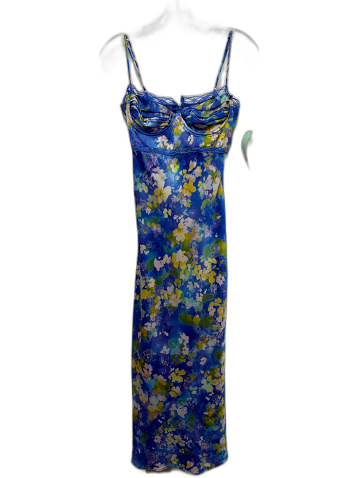 ASTR Size XS Blue, Green & White Polyester Abstract Floral Lace Trim Dress Blue, Green & White / XS