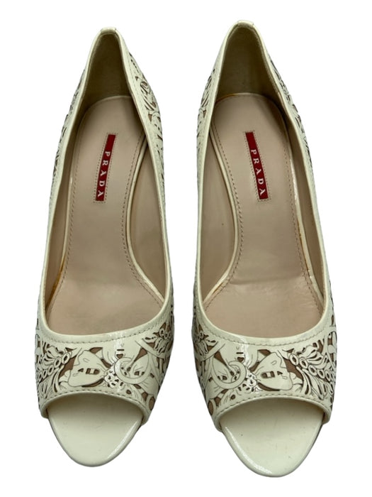 Prada Sport Shoe Size 39 White & Beige Patent Laser Cut Floral Peep Toe Pumps White & Beige / 39