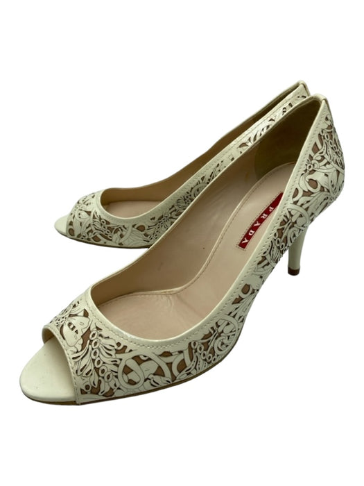 Prada Sport Shoe Size 39 White & Beige Patent Laser Cut Floral Peep Toe Pumps White & Beige / 39