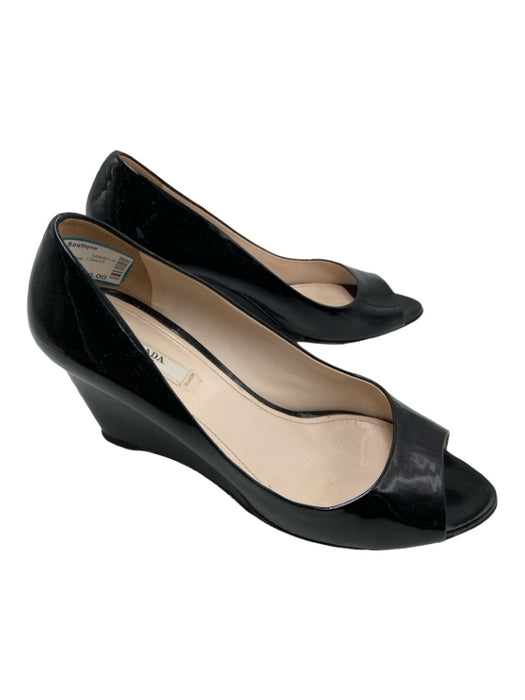 Prada Shoe Size 39 Black Patent Peep Toe Closed Heel Wedges Black / 39