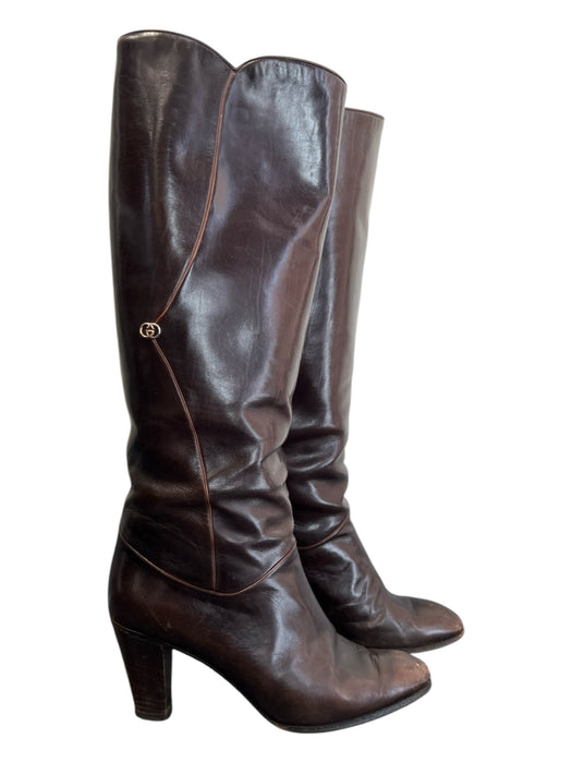 Gucci Shoe Size 5.5 Dark Brown Leather Wood Heel Knee High Almond Toe Boots Dark Brown / 5.5