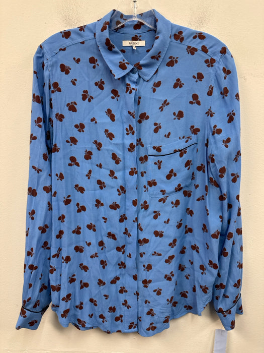 Ganni Size 36 Blue & Brown Viscose Floral Long Sleeve Button Up Pocket Top