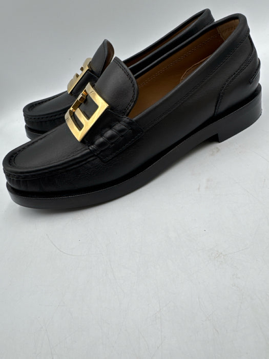 Fendi Shoe Size 37 Black Leather Gold hardware Logo Slip On Loafers