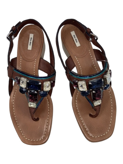 Miu Miu Shoe Size 36.5 Brown & Blue Leather Jeweled Thong Ankle Buckle Sandals Brown & Blue / 36.5