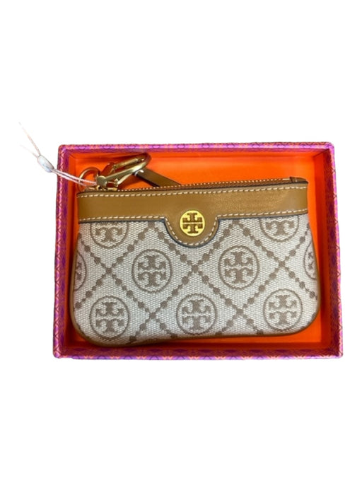 Tory Burch Brown & Tan Leather Canvas Logo Key Holder Wallets Brown & Tan